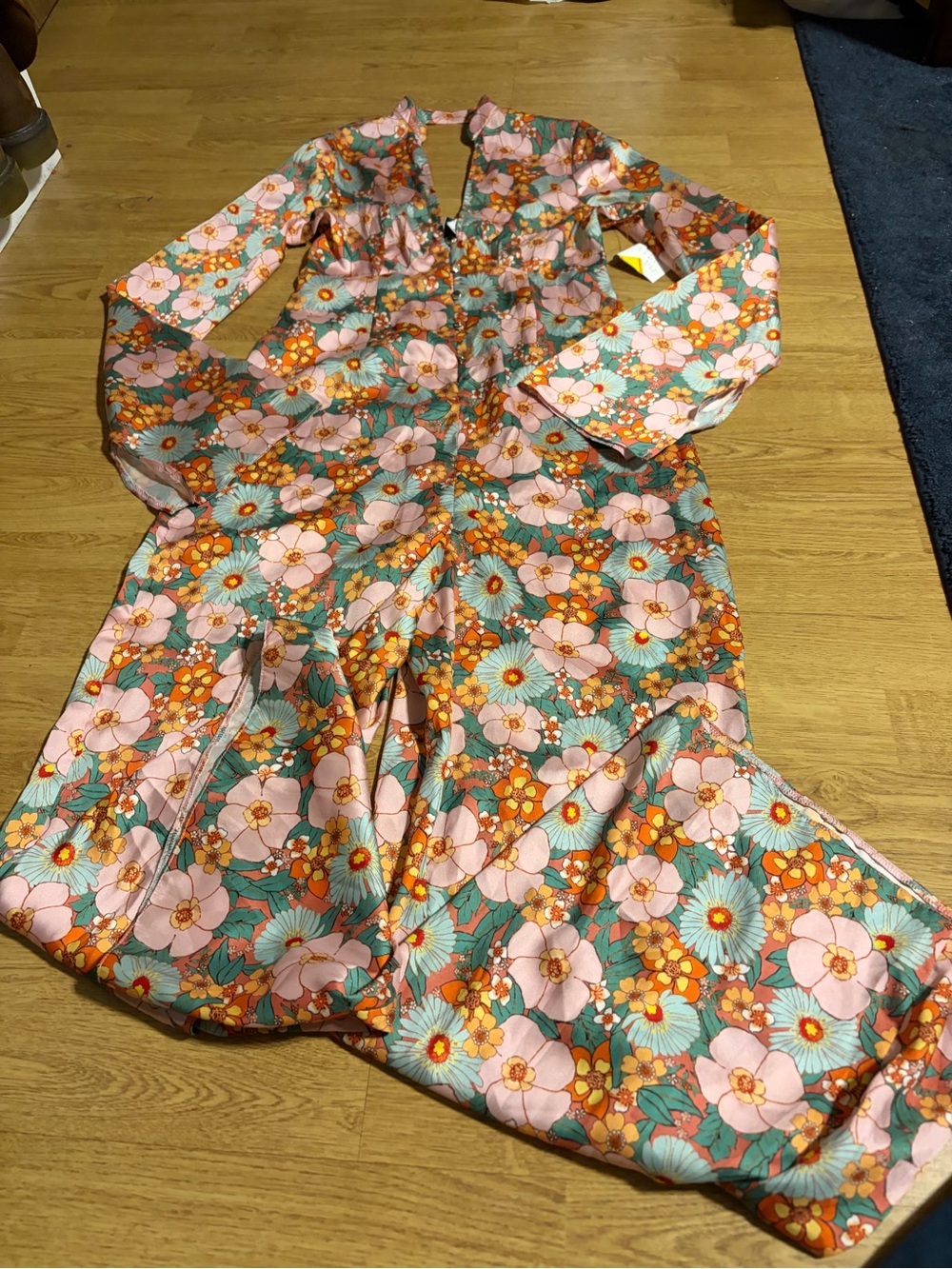 ASOS Pink, Teal & Orange Floral Boot-Cut Jumpsuit, satin feel, size 4